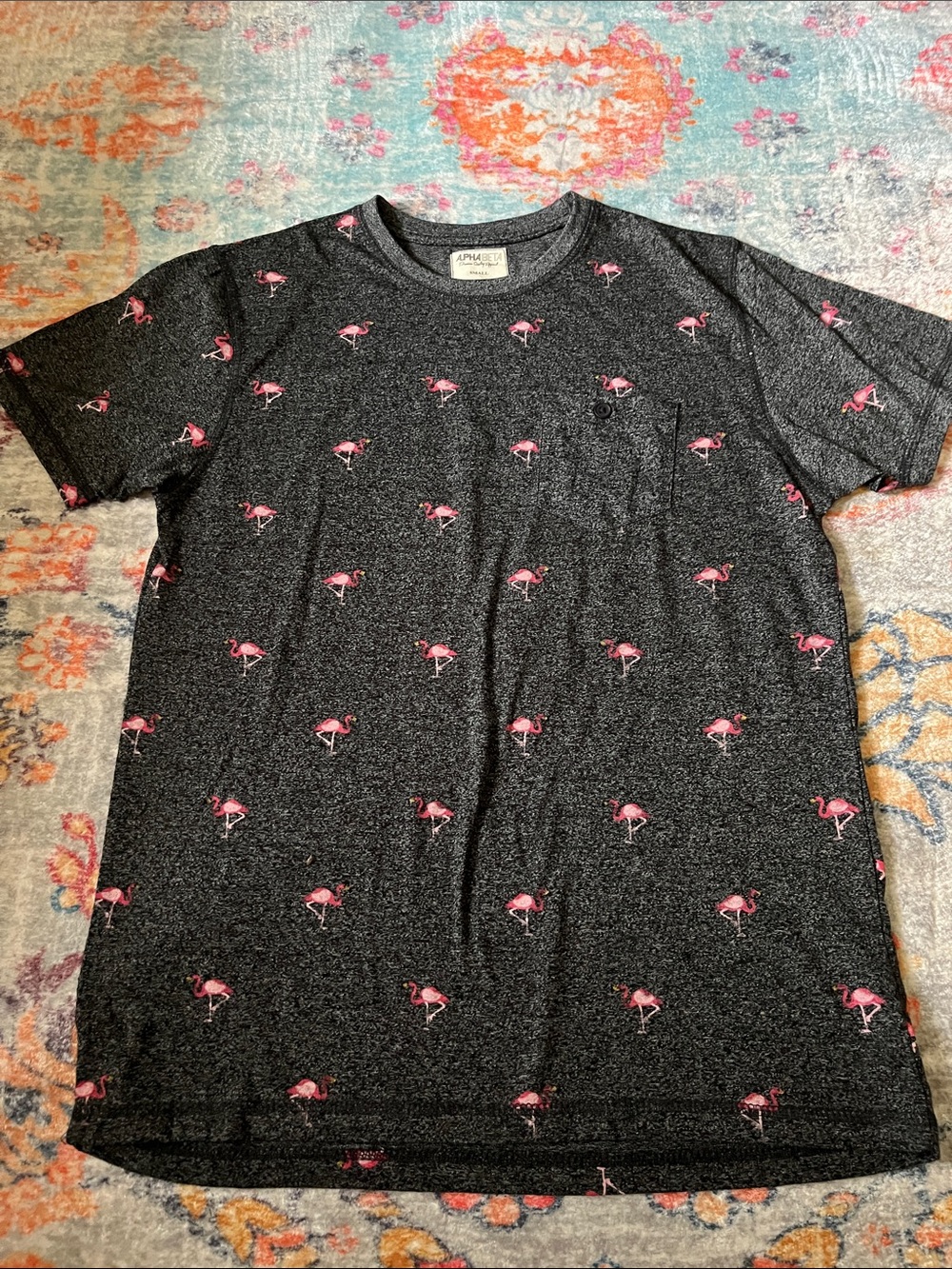 Charcoal Short Sleeve Tee with Pink Flamingo Print - Casual Pocket Tee